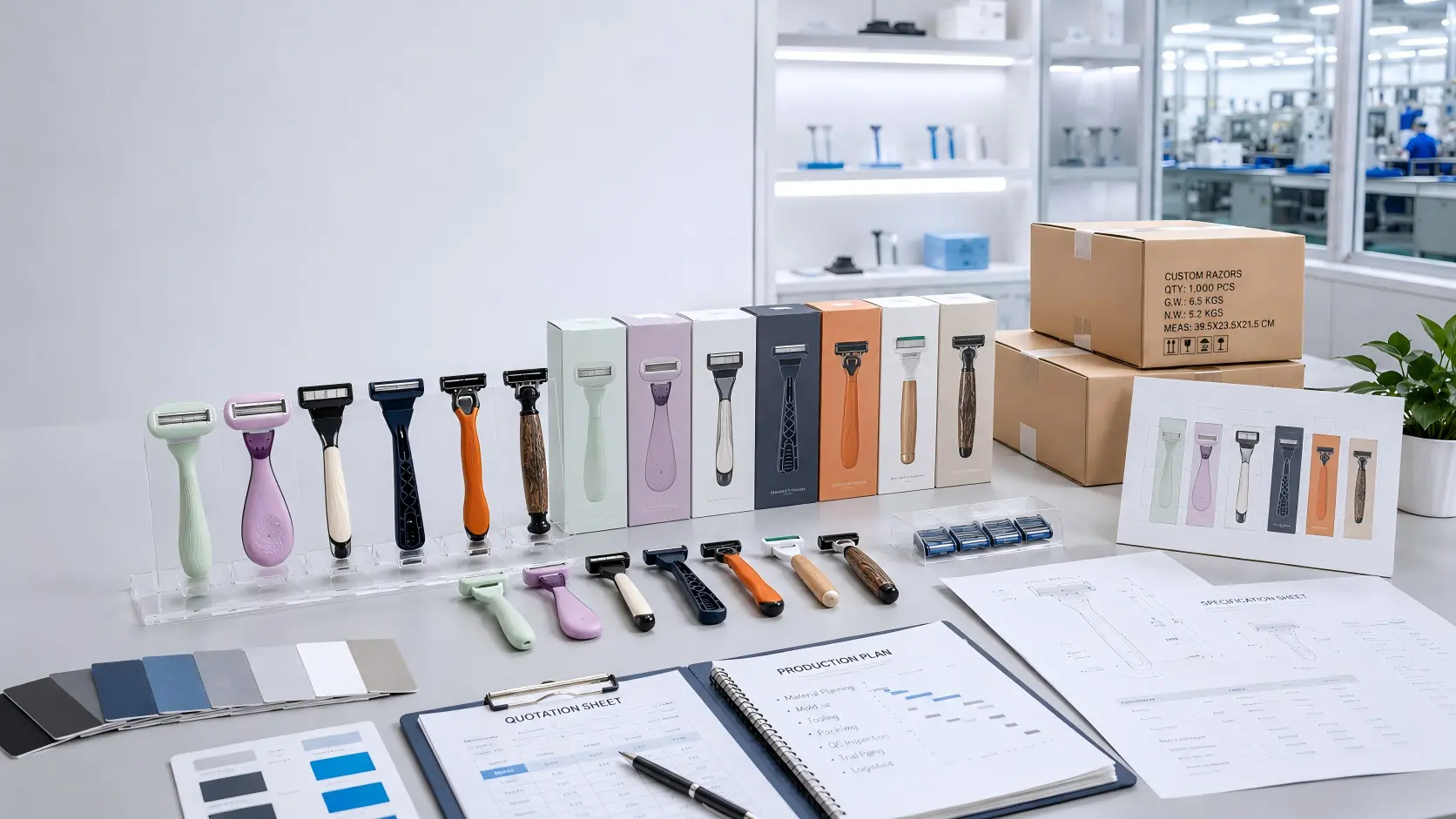 Custom razor samples, packaging options and inventory planning documents for evaluating OEM order quantities