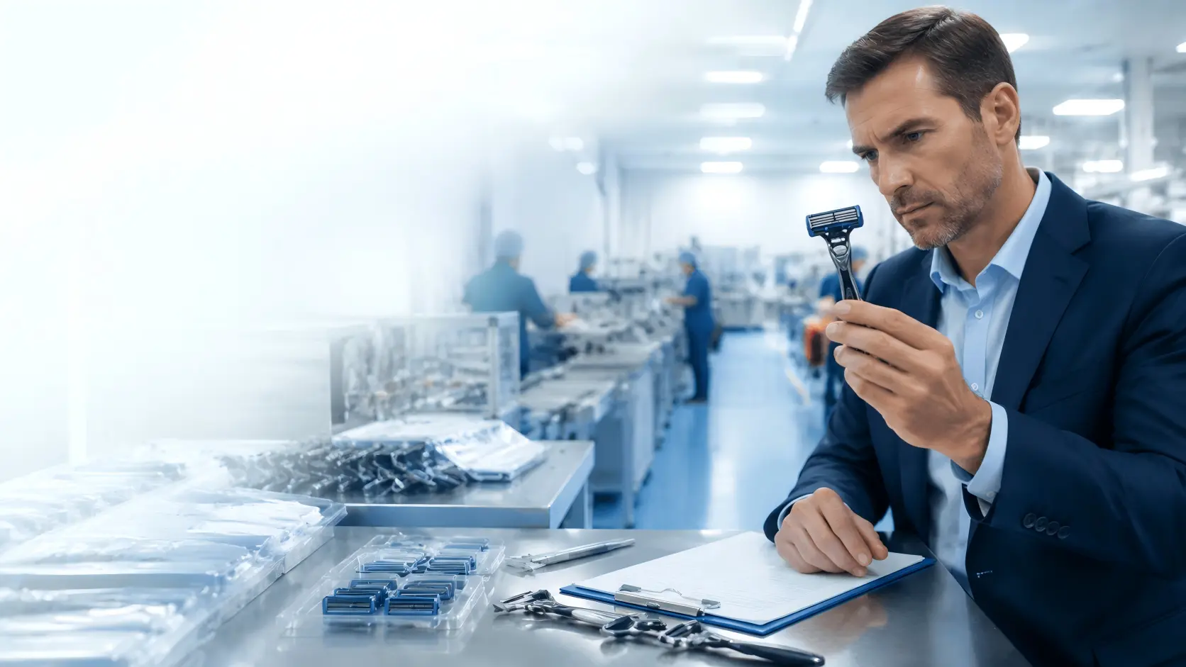 Procurement manager evaluating razor samples, quality documents, and production capabilities at an OEM razor manufacturing facility.