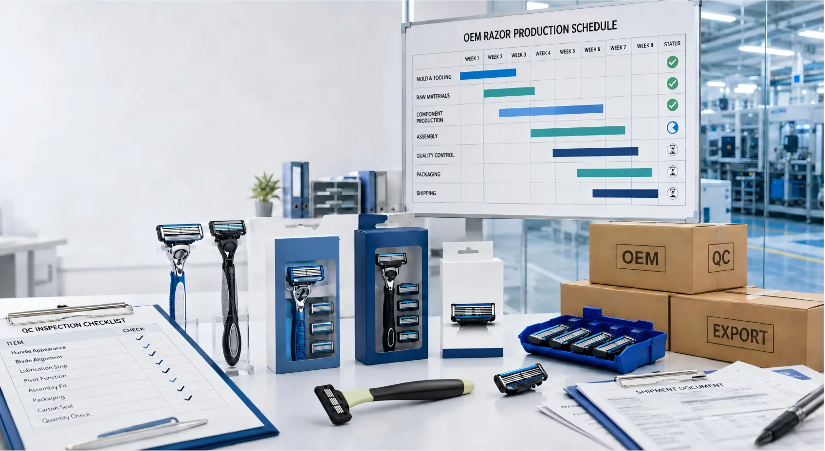 OEM razor production schedule, quality inspection documents, retail packaging and export cartons prepared for shipment