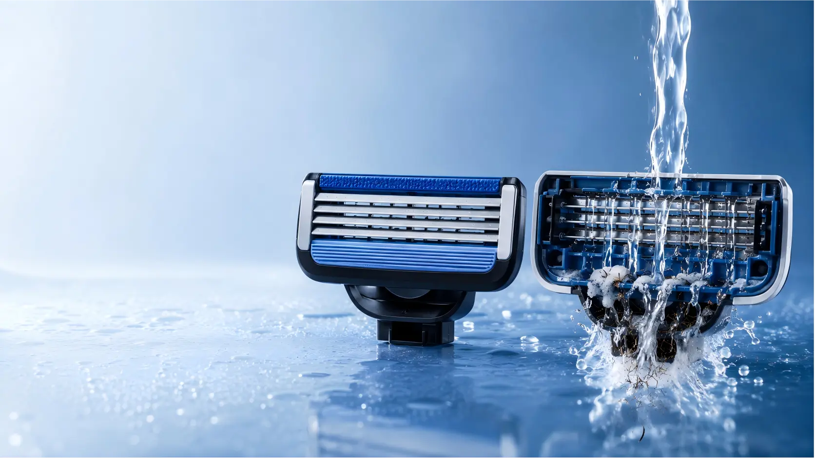 Open-back razor cartridge showing rinse-through channels for easier cleaning