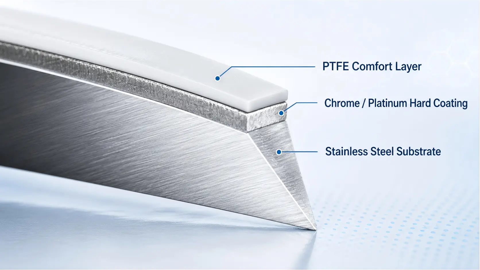 Razor blade cross-section showing the PTFE comfort layer, chrome or platinum hard coating, and stainless steel substrate that affect performance over repeated shaves