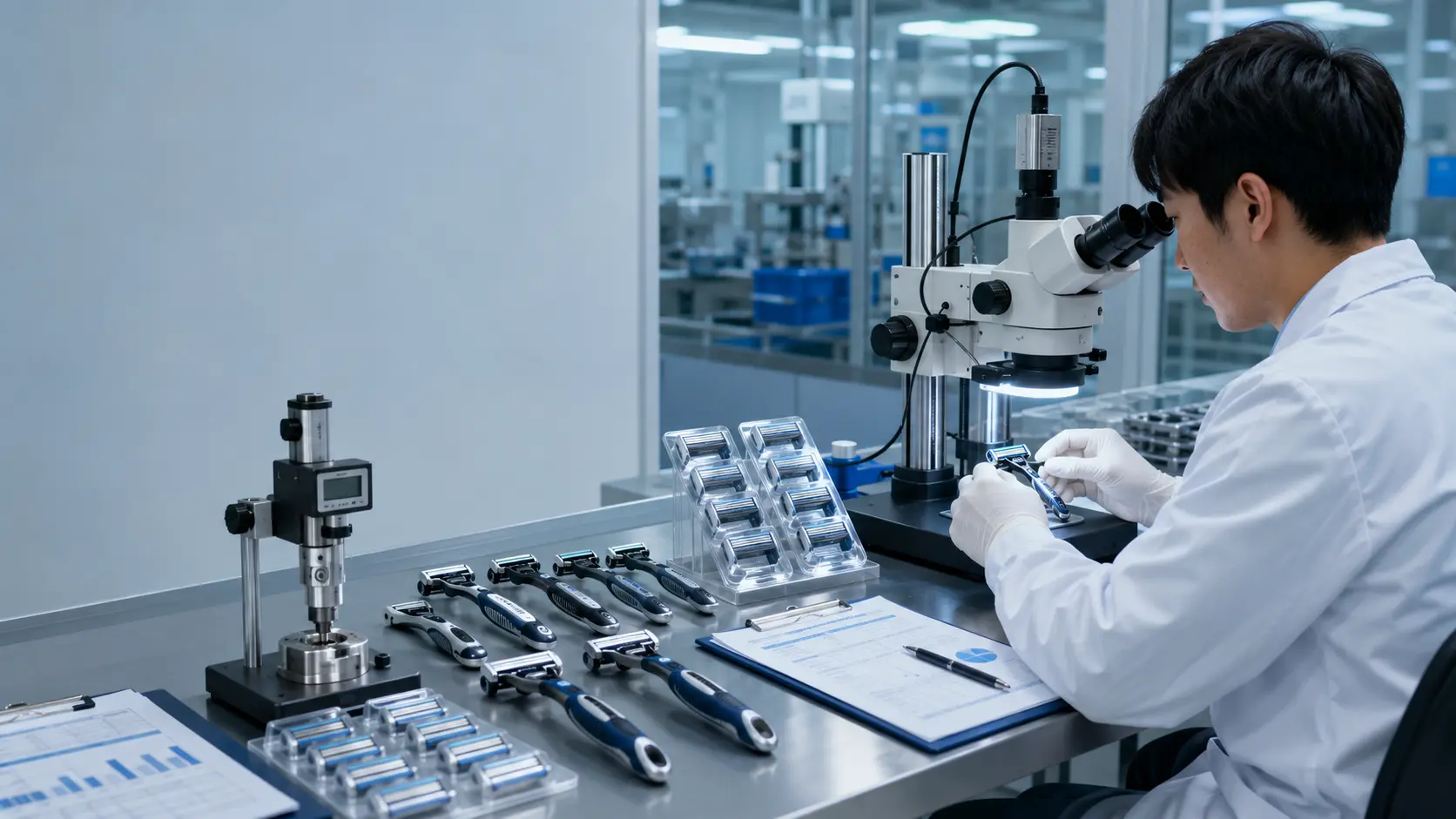 Razor quality inspection covering blade sharpness, cartridge assembly and retail packaging