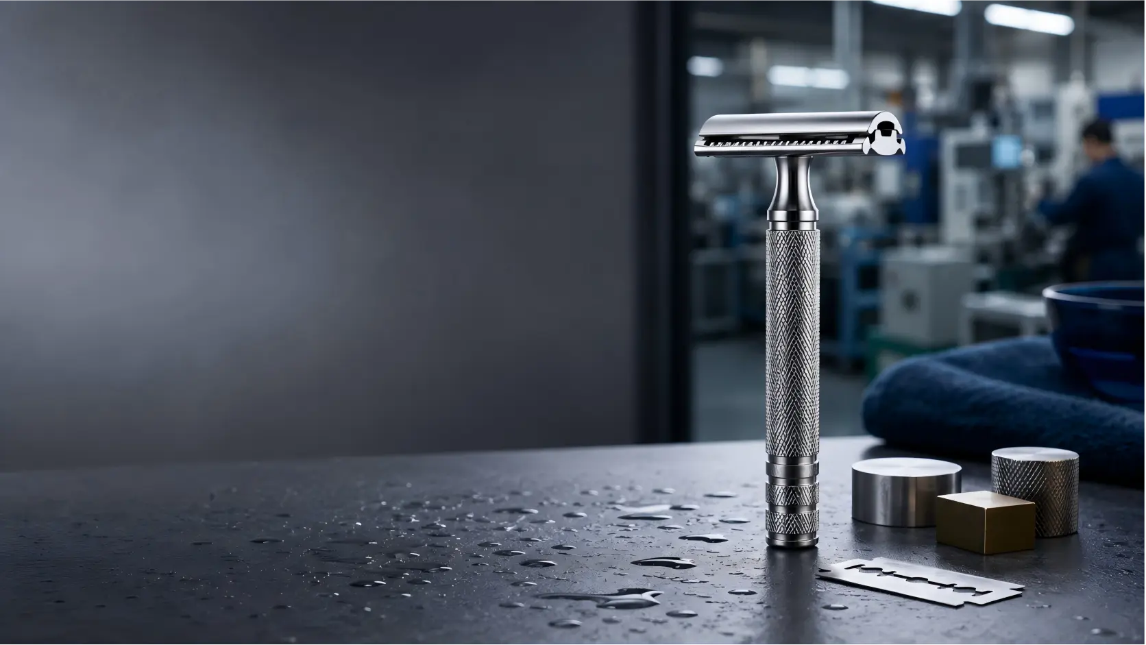 Premium double-edge safety razor with a replacement blade and metal samples, representing customizable OEM and ODM manufacturing for men’s grooming brands.