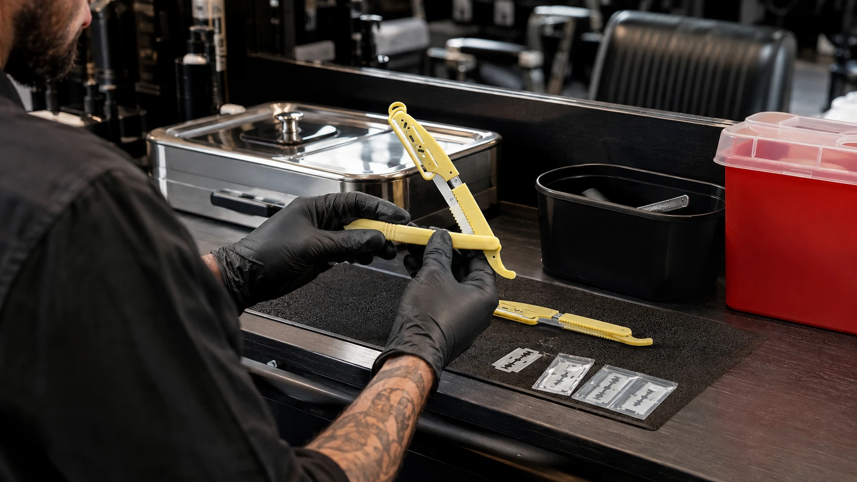 Professional barbershop shavette system designed for hygiene and fast client turnover