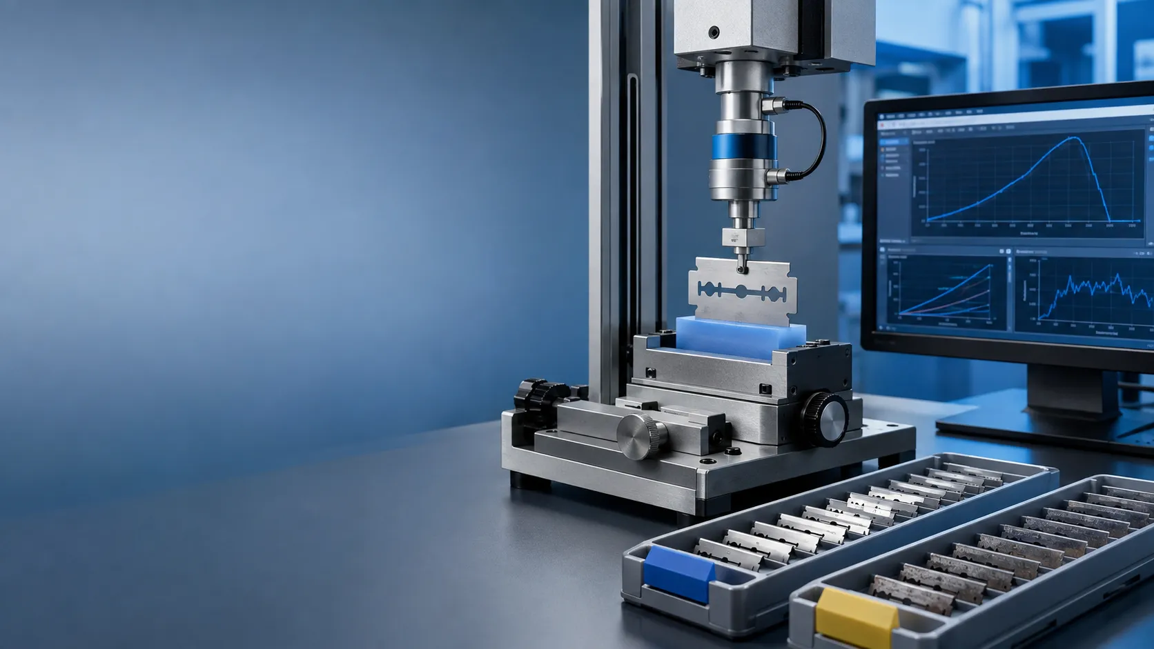 Razor blade cutting-force testing with controlled silicone rubber medium and force curves