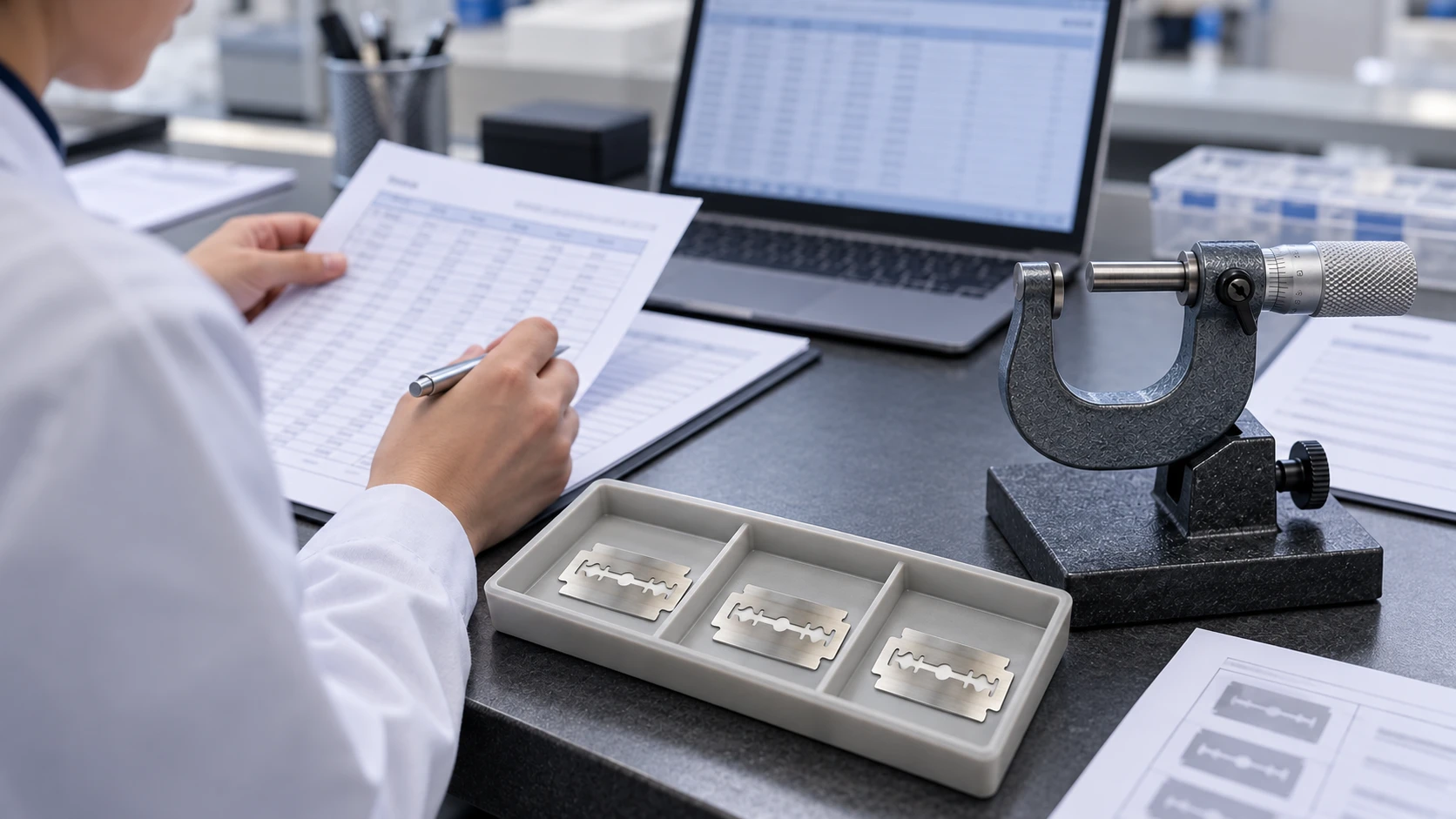 Blade thickness reporting with individual readings, instrument records and repeatability review