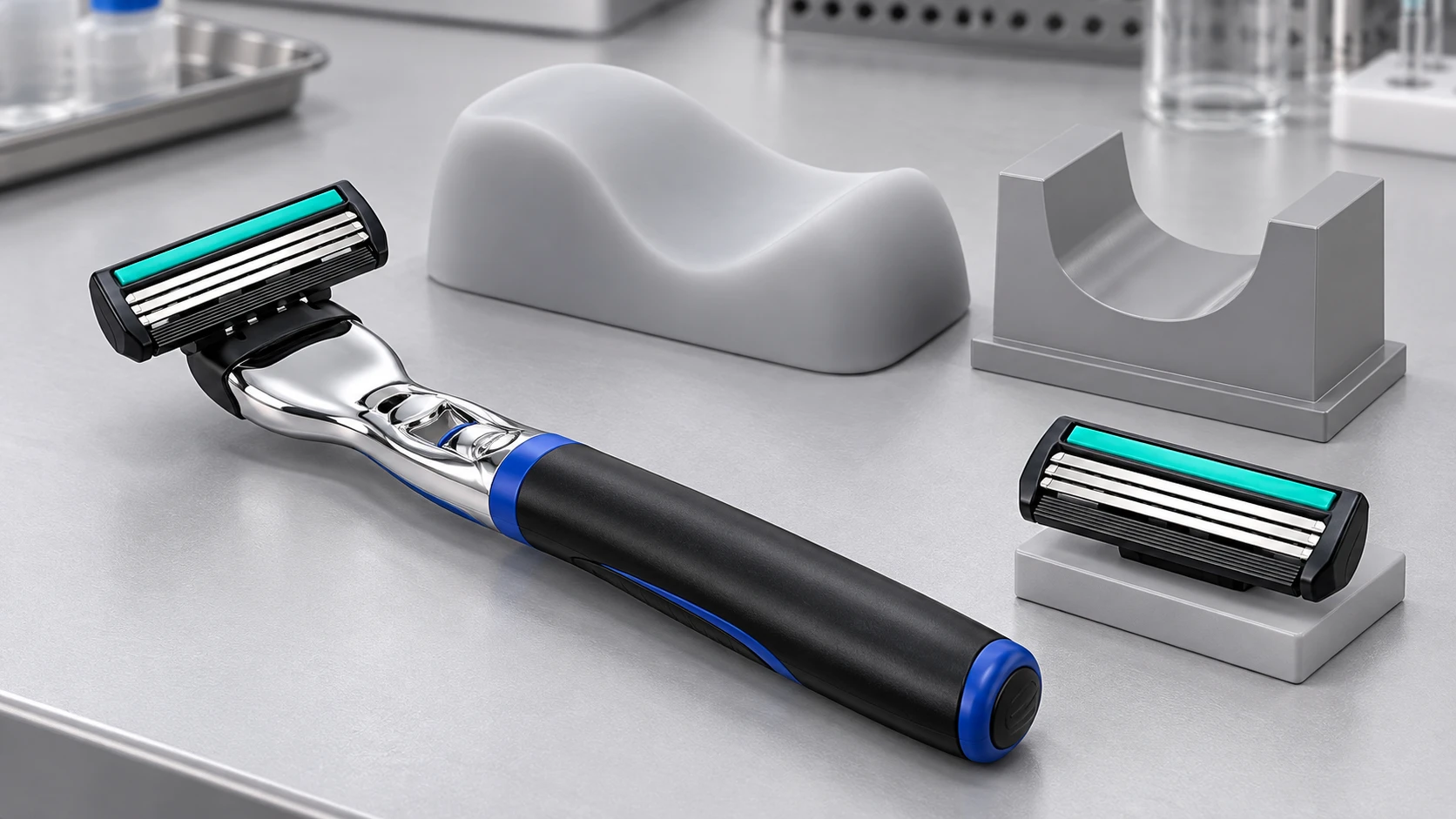 Compact razor head design evaluation using documented approach paths and curved test forms