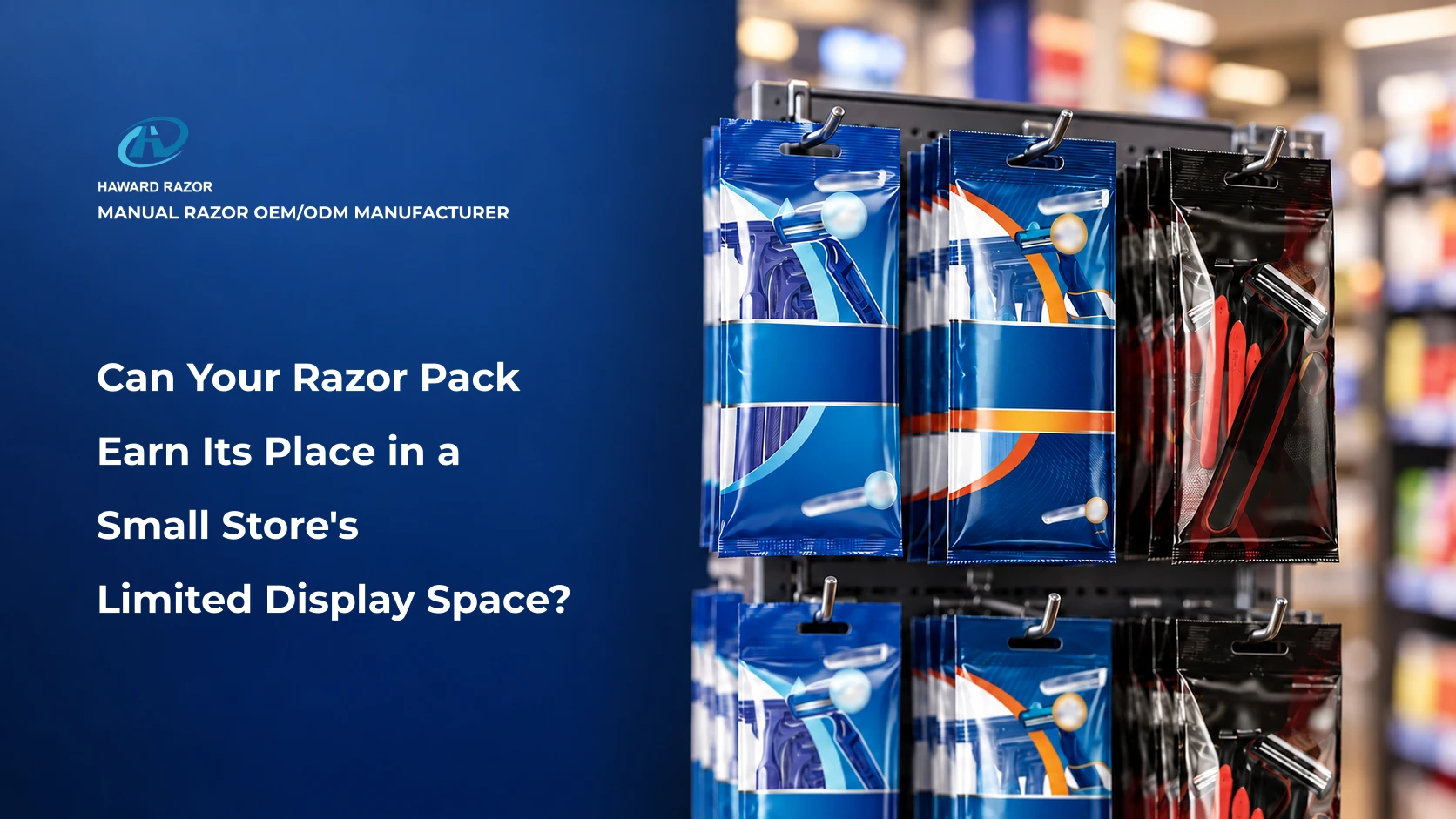 Convenience store razor supplier pack concepts on a compact retail display