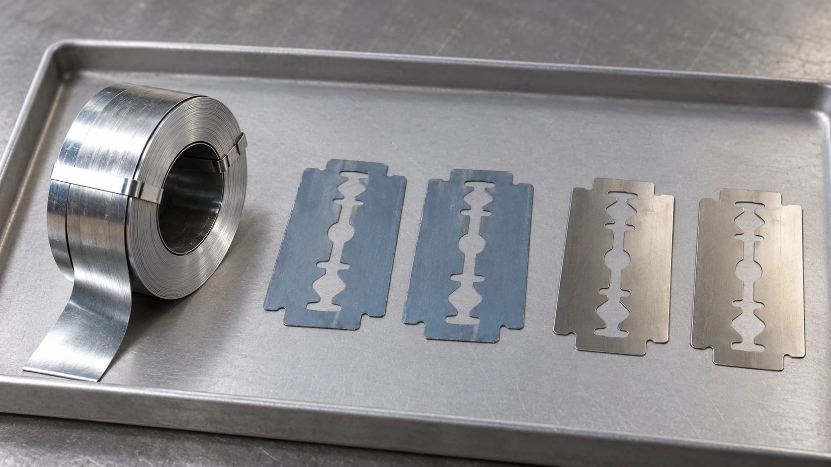 Steel strip and formed blanks used in 0.10 mm razor blade production