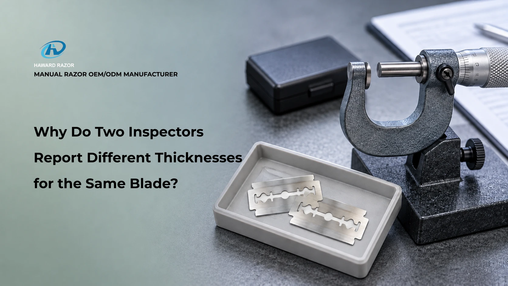 Double edge razor blade thickness measurement equipment with a micrometer and blade samples