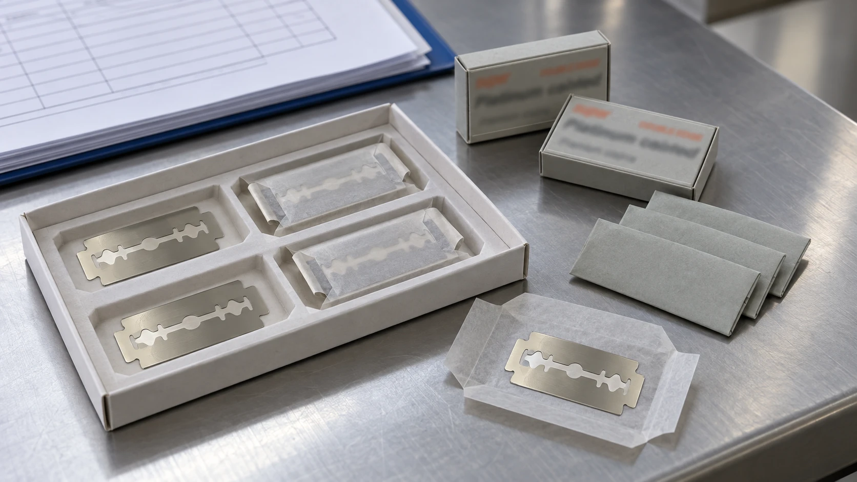 Individually wrapped double edge blades with packaging and OEM blade process control records