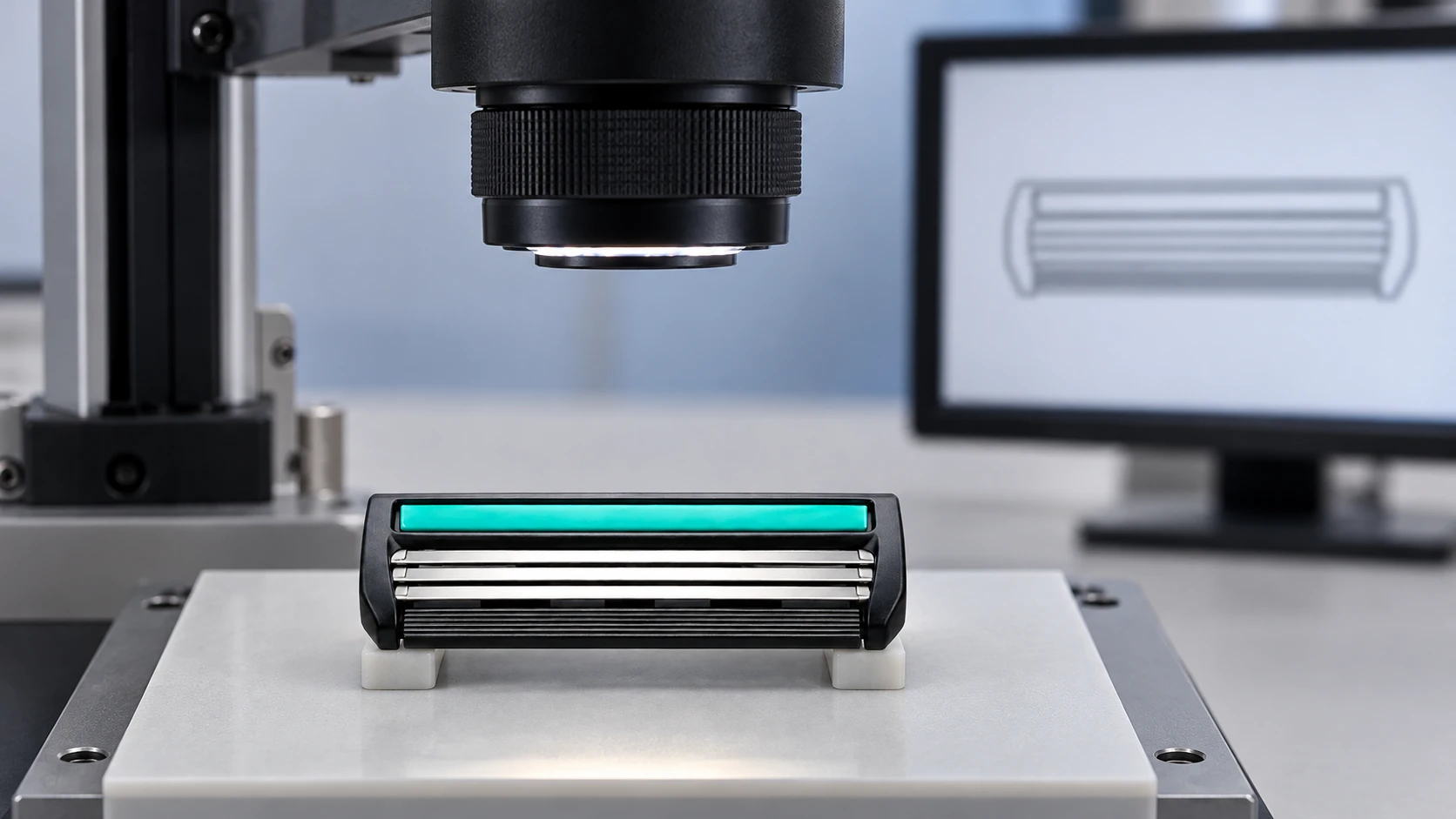 Razor cartridge head width showing effective blade length and lateral frame allowance