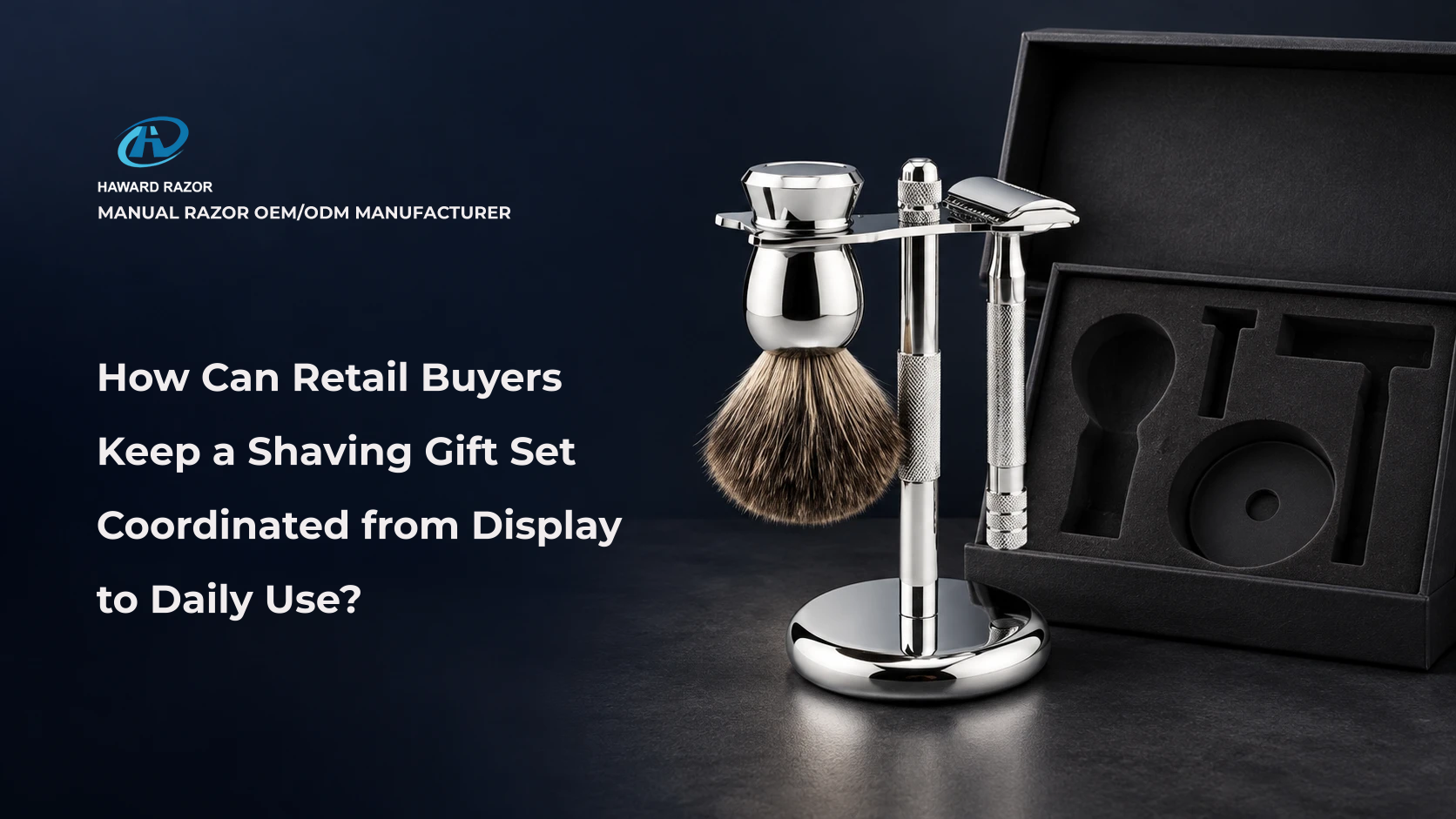 Private label shaving gift set with safety razor, brush and stand for premium retail