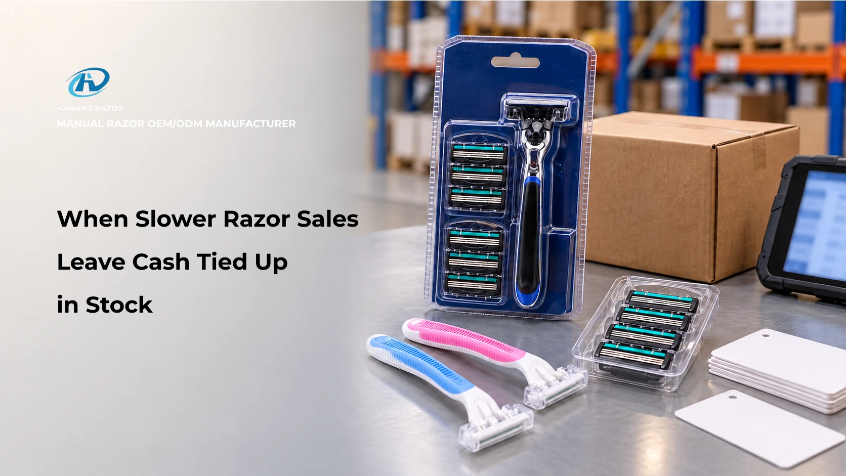 Razor inventory aging review with lubricated cartridges, sealed retail packs and warehouse lot records