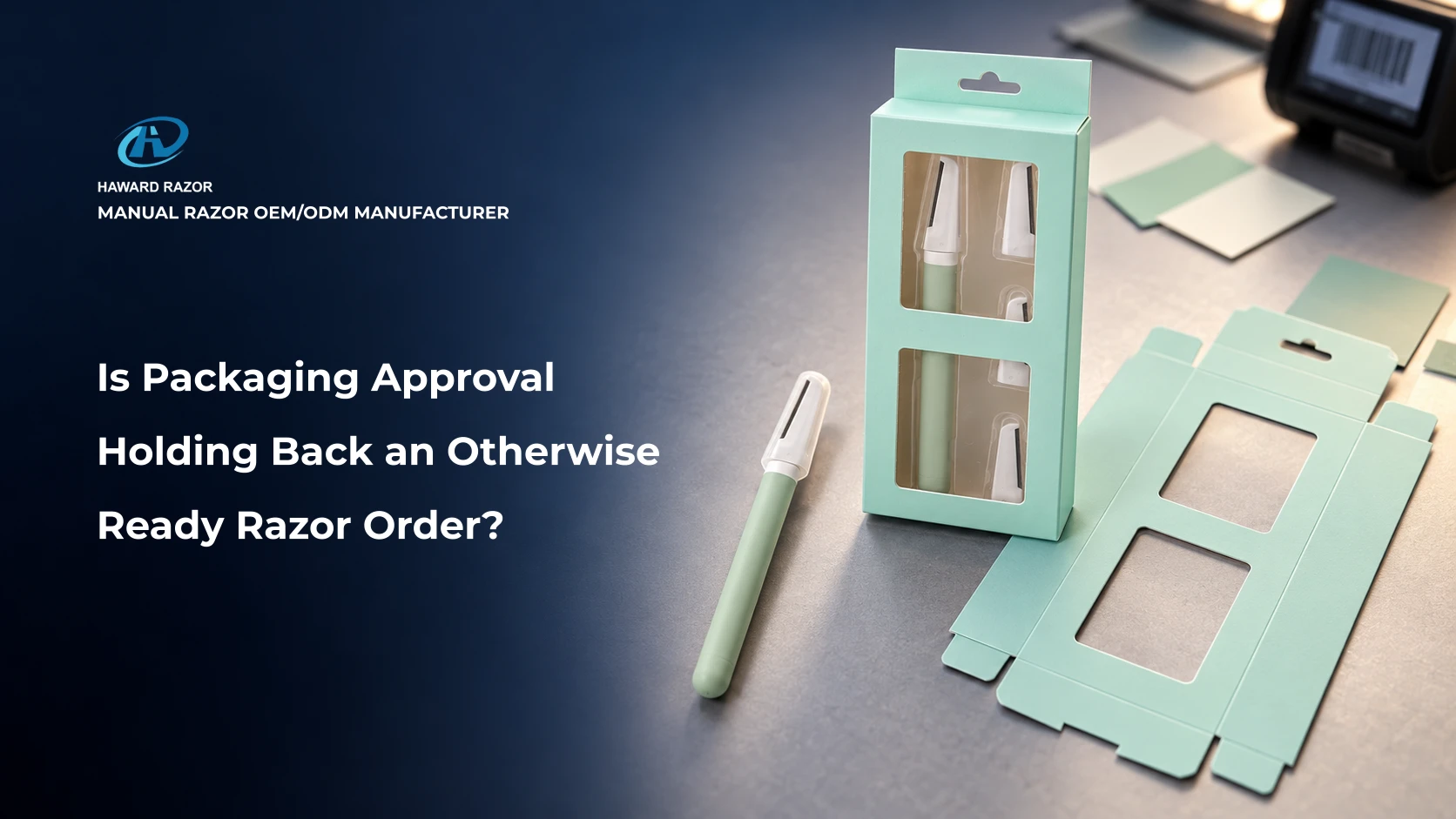 Razor packaging artwork approval with print proofs, a retail pack and a barcode verifier